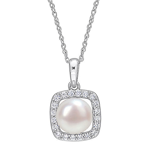 7-7.5mm Cultured Freshwater Pearl and Created White Sapphire Halo Necklace in 10k White Gold
