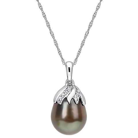 9-10mm Tahitian Cultured Pearl & Diamond Accent Necklace in 14k White Gold