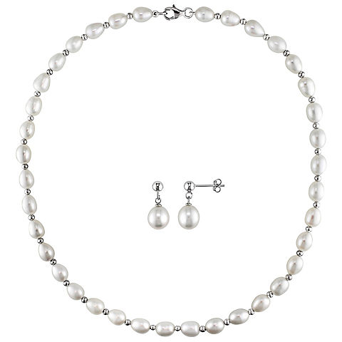 8-8.5 mm Freshwater Cultured Pearl Bead Strand and Stud Earring in Sterling Silver 2-Pc. Set