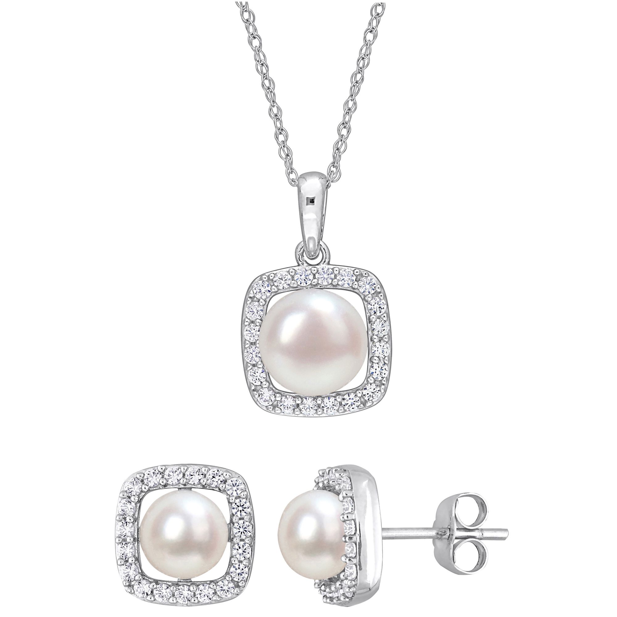 6-7.5mm Cultured Freshwater Pearl and Created White Sapphire Halo Necklace  and Earrings in 10k White Gold 2-Pc. Set