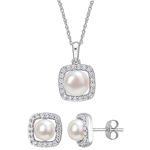 6-7.5mm Cultured Freshwater Pearl and Created White Sapphire Halo Necklace and Earrings in 10k White Gold 2-Pc. Set