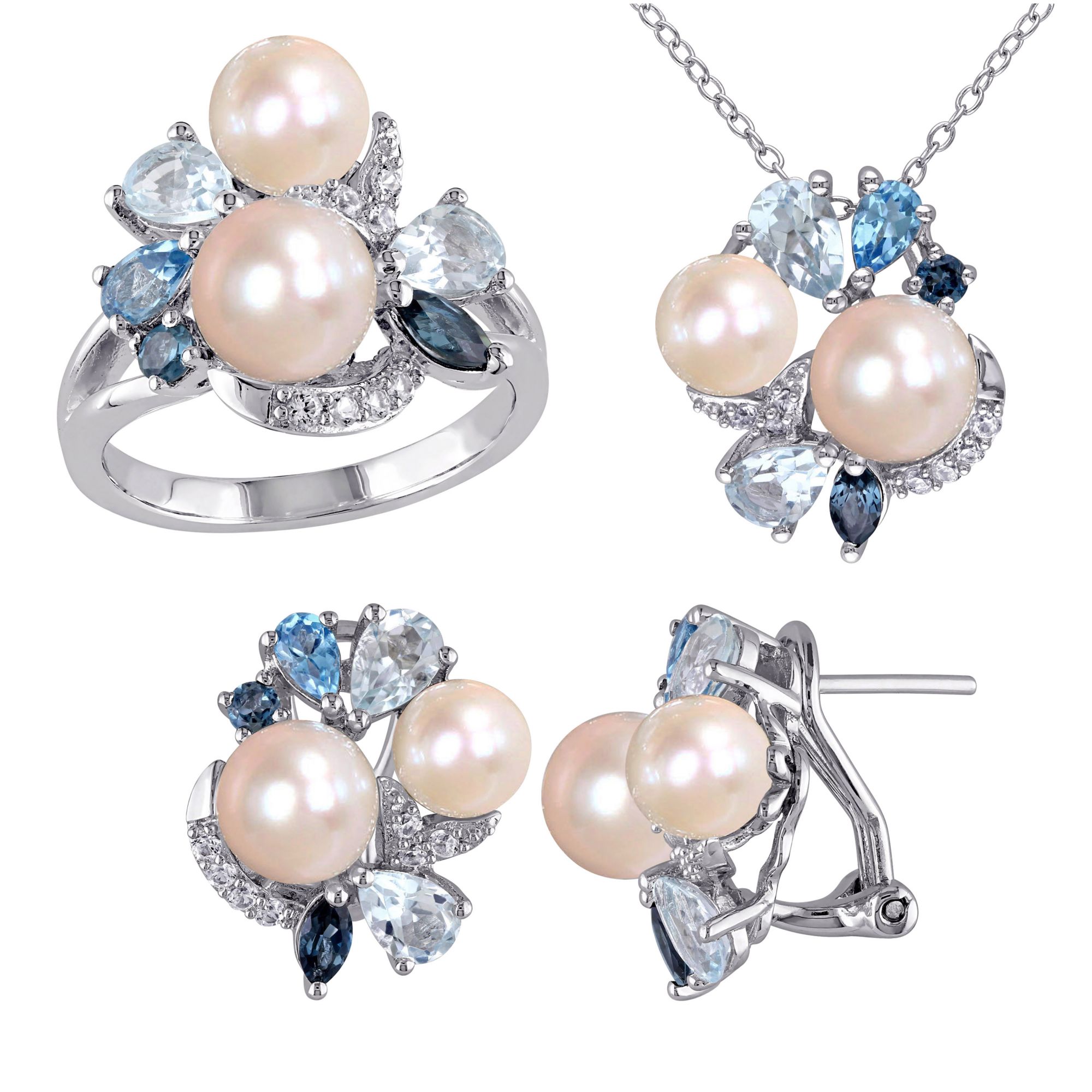 6.5-8mm Freshwater Cultured Pearl and Gemstone Cluster Earrings, Necklace  and Ring in Sterling Silver 3-Pc. Set