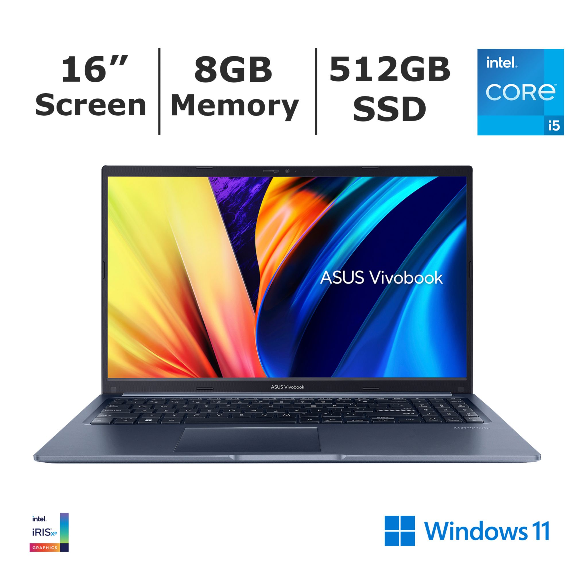 Asus Vivobook 16 Laptop, Intel Core i5 13th Gen Processor, 8GB Memory,  512GB SSD, Intel UHD Graphics