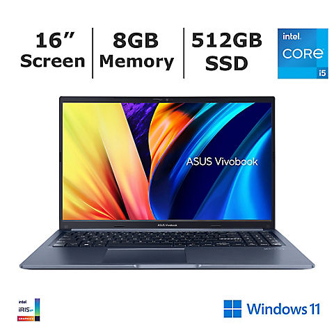 Asus Vivobook 16" Laptop, Intel Core i5 13th Gen Processor, 8GB Memory, 512GB SSD, Intel UHD Graphics