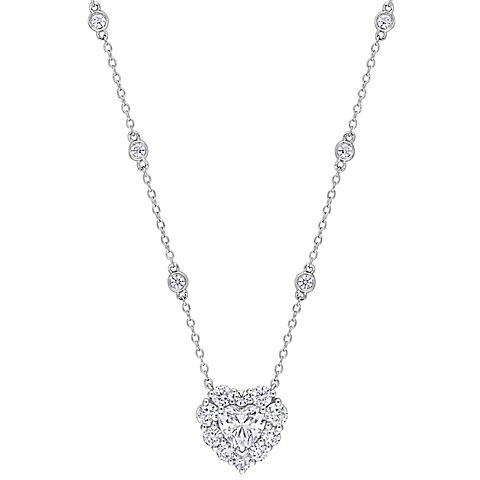 2 ct. DEW Moissanite Heart Halo Station Necklace in Sterling Silver