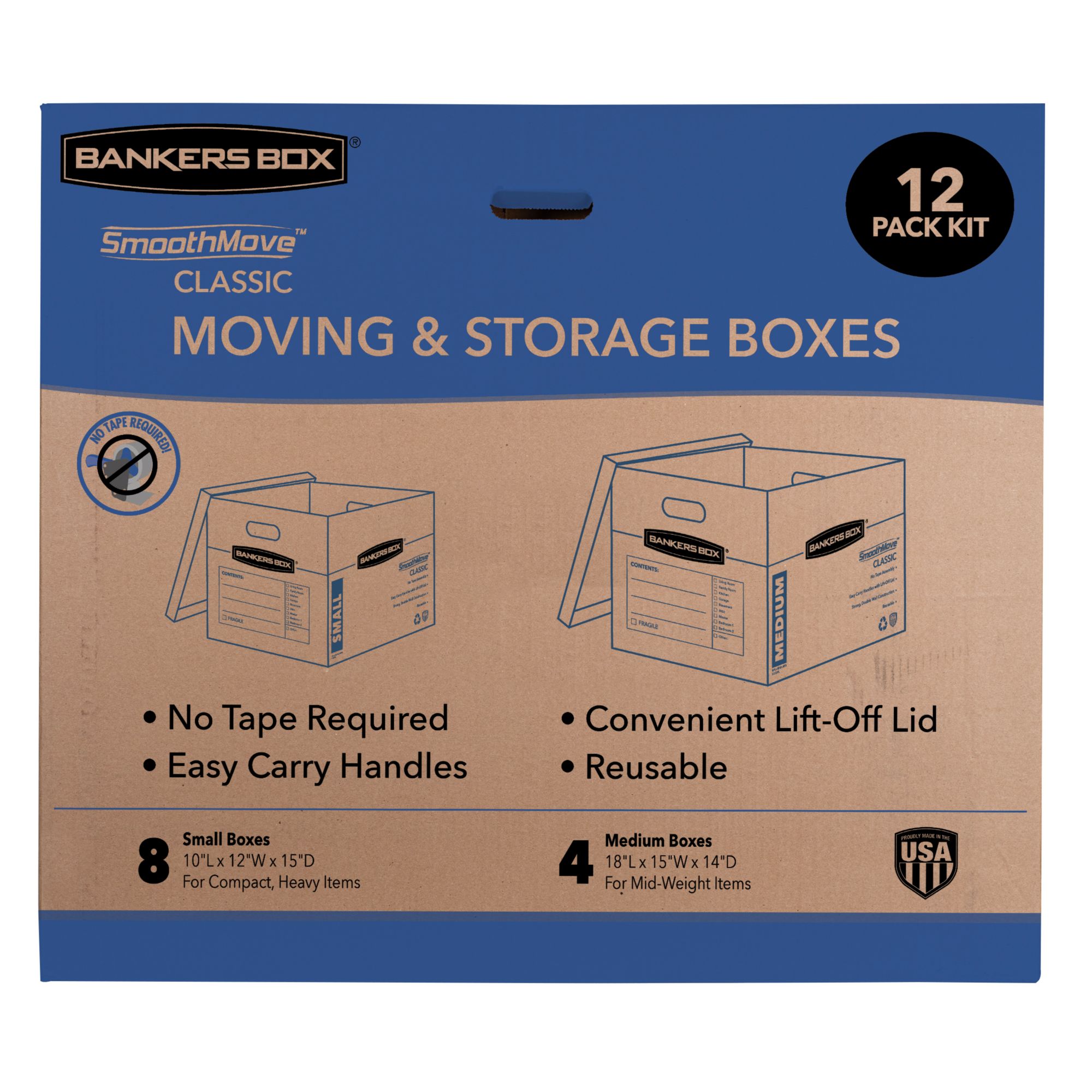 Bankers Box 10 Pack Small Classic Moving Boxes, Tape-Free with Reinforced  Handles