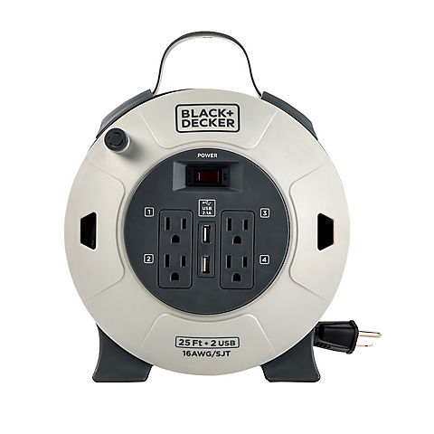 Black + Decker 20' Retractable Extension Cord Reel With 4 Outlets, 2 USB Ports and Multi-Plug Extension