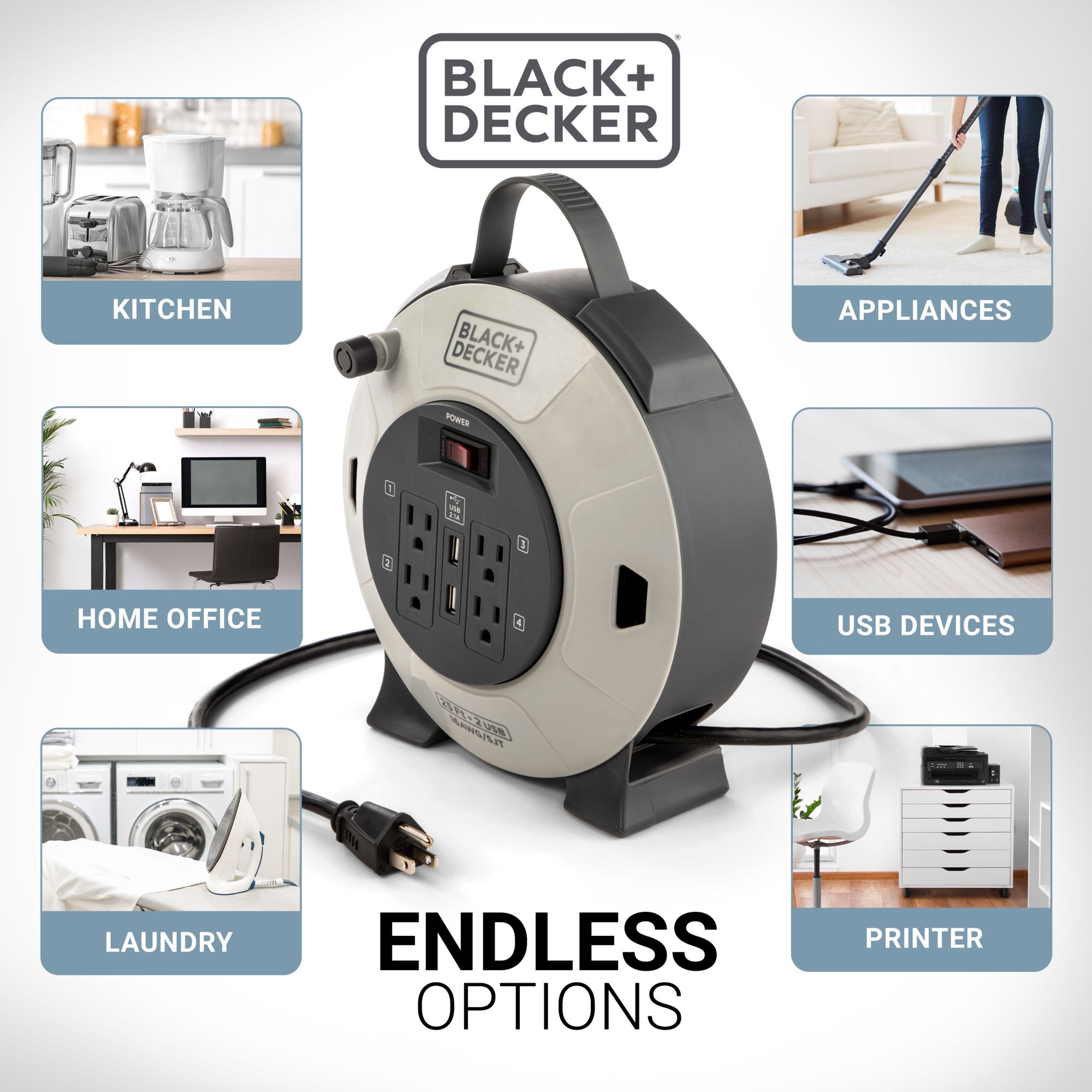 BLACK+DECKER 75 Ft. Retractable Extension Cord Reel With 4 Outlets,  Multi-Plug Extension, Easy Handle Rewind & Heavy-Duty 14AWG SJTW Cable 75  Feet for Sale in Katy, TX - OfferUp