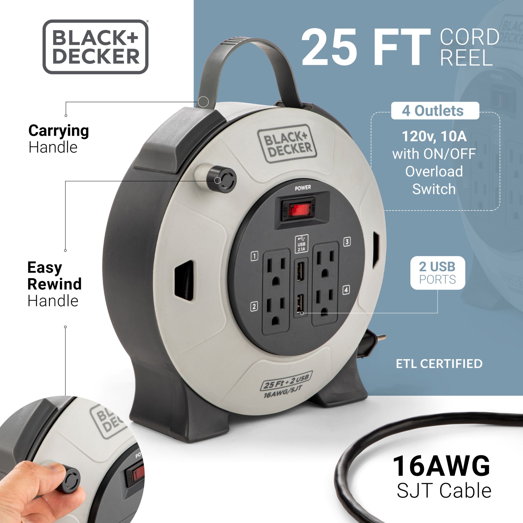 BLACK+DECKER 75 Ft. Retractable Extension Cord Reel With 4 Outlets,  Multi-Plug Extension, Easy Handle Rewind & Heavy-Duty 14AWG SJTW Cable 