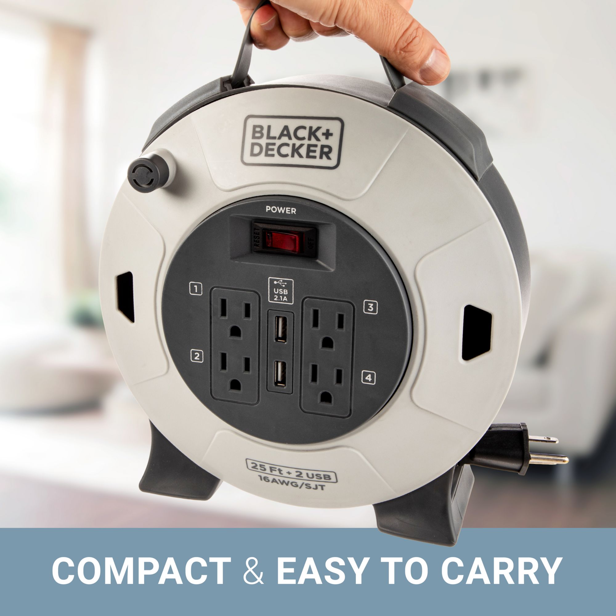 Black + Decker 20' Retractable Extension Cord Reel With 4 Outlets, 2 USB  Ports and Multi-Plug Extension