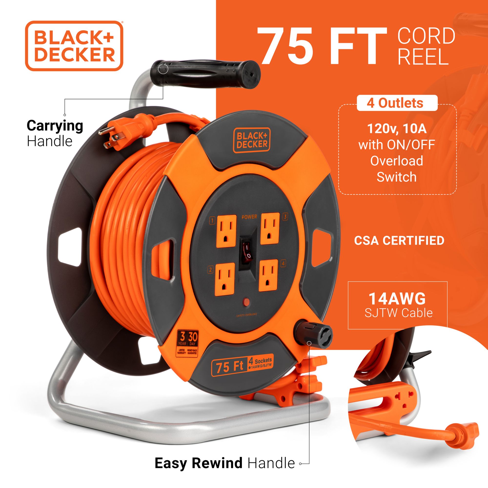 Black + Decker 75' Retractable Extension Cord Reel With 4 Outlets and  Multi-Plug Extension