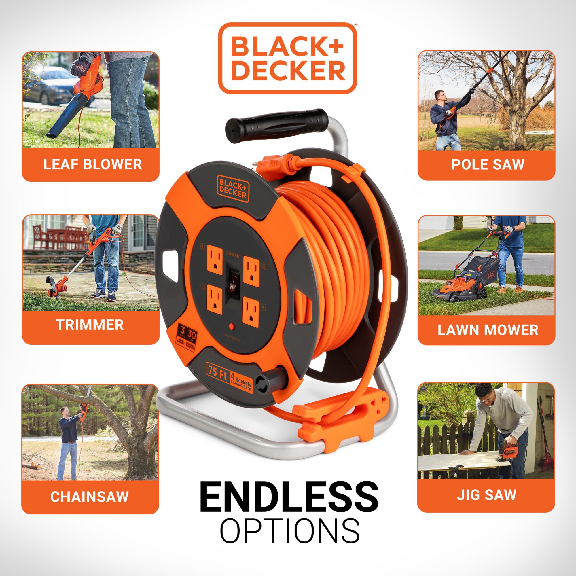 Black+decker 25' Extension Cord Reel w/4 Outlets and 2 USB