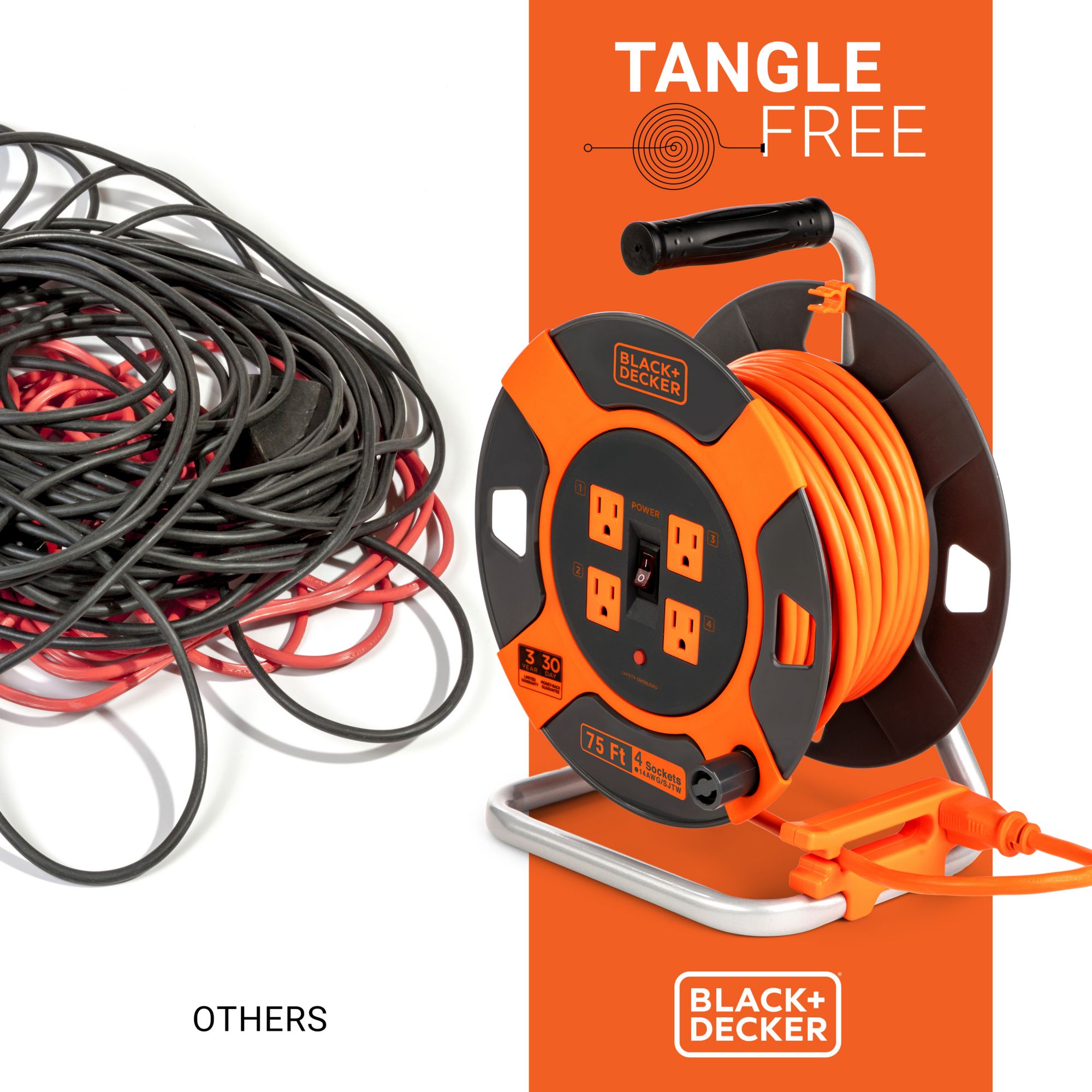 Black + Decker 75' Retractable Extension Cord Reel With 4 Outlets and  Multi-Plug Extension