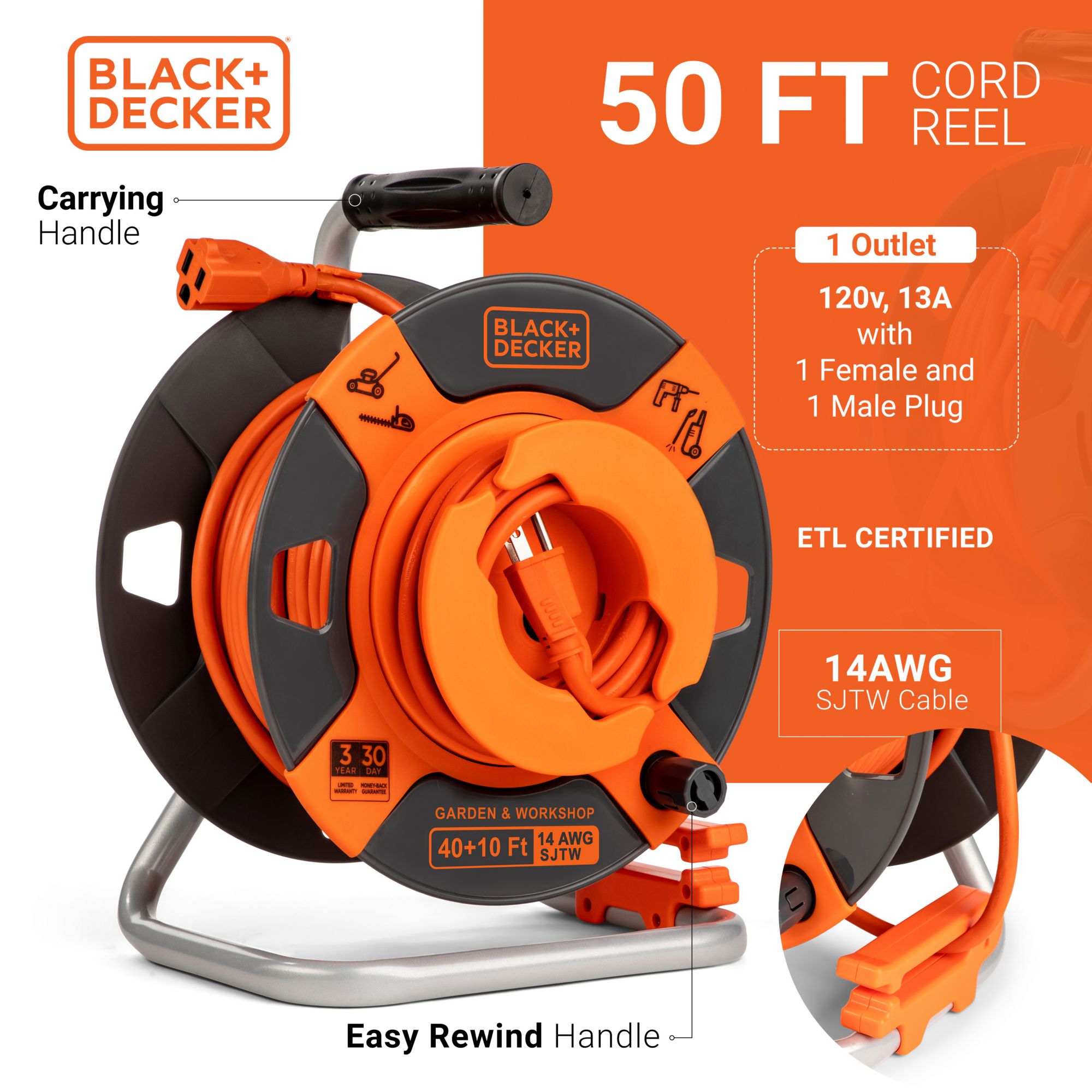 BLACK+DECKER Retractable Extension Cord, 75 ft with 4 Outlets - 14AWG SJTW  Cable - Outdoor Power Cord Reel 