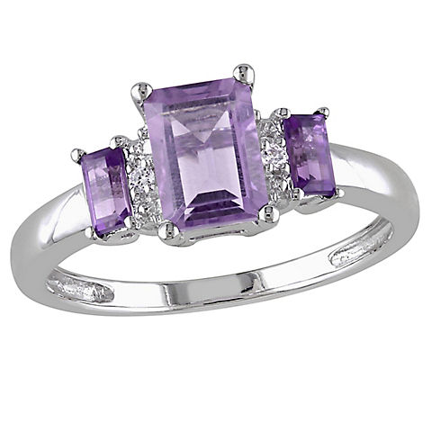 1 ct. t.g.w. Amethyst 3-Stone Ring with Diamonds in 10k White Gold