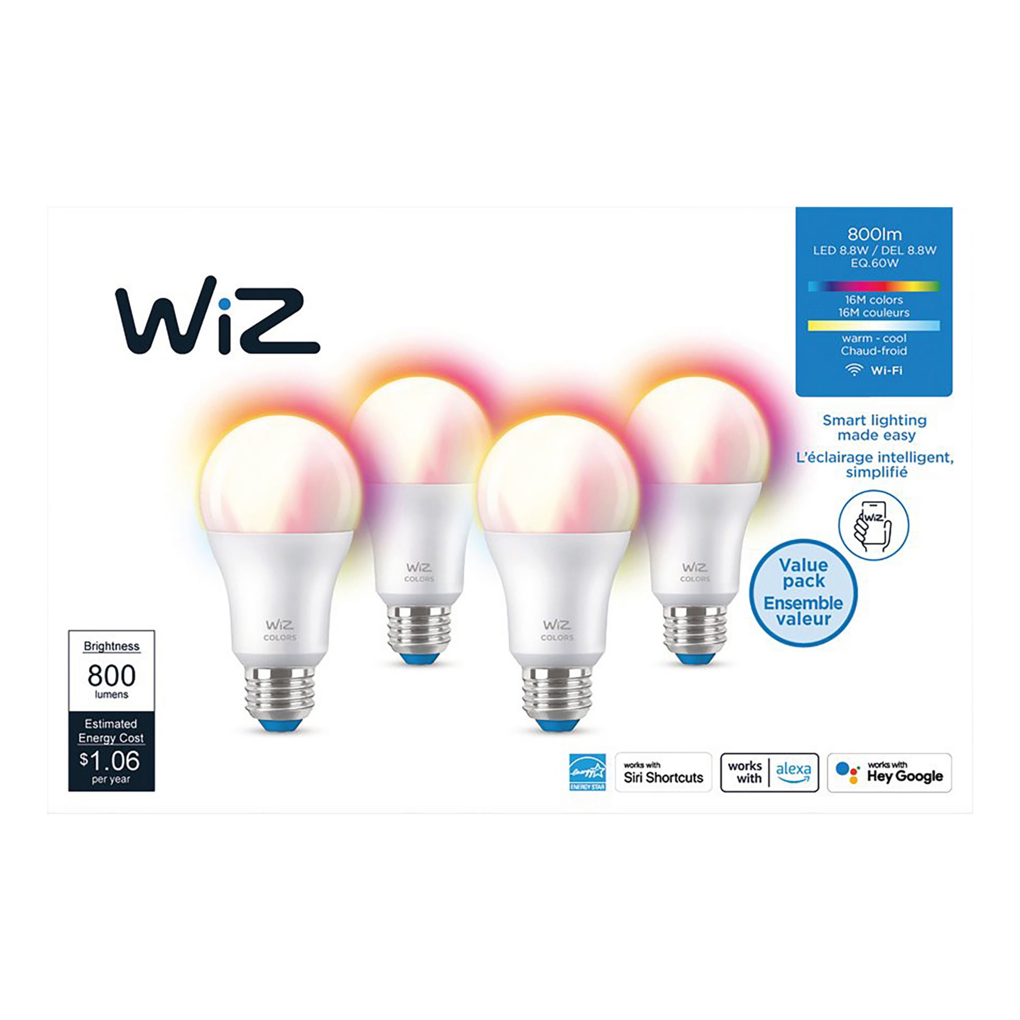 WiZ Full Color & Tunable A19 60W Equivalent LED Smart Bulb, 4 pk. - White