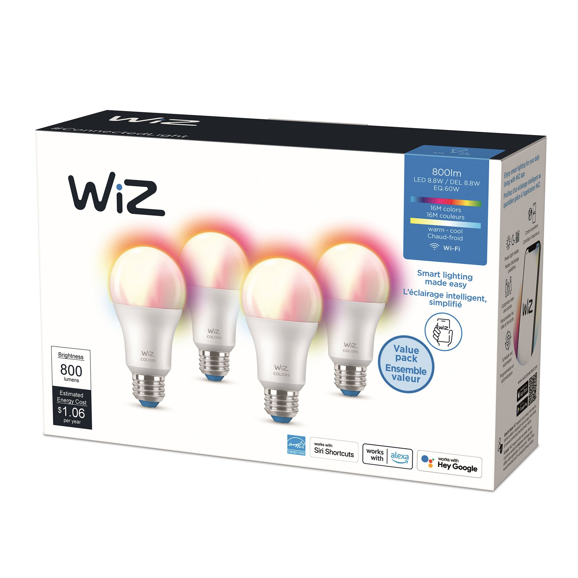 WiZ Full Color Tunable A19 60W Equivalent LED Smart Bulb 4 pk