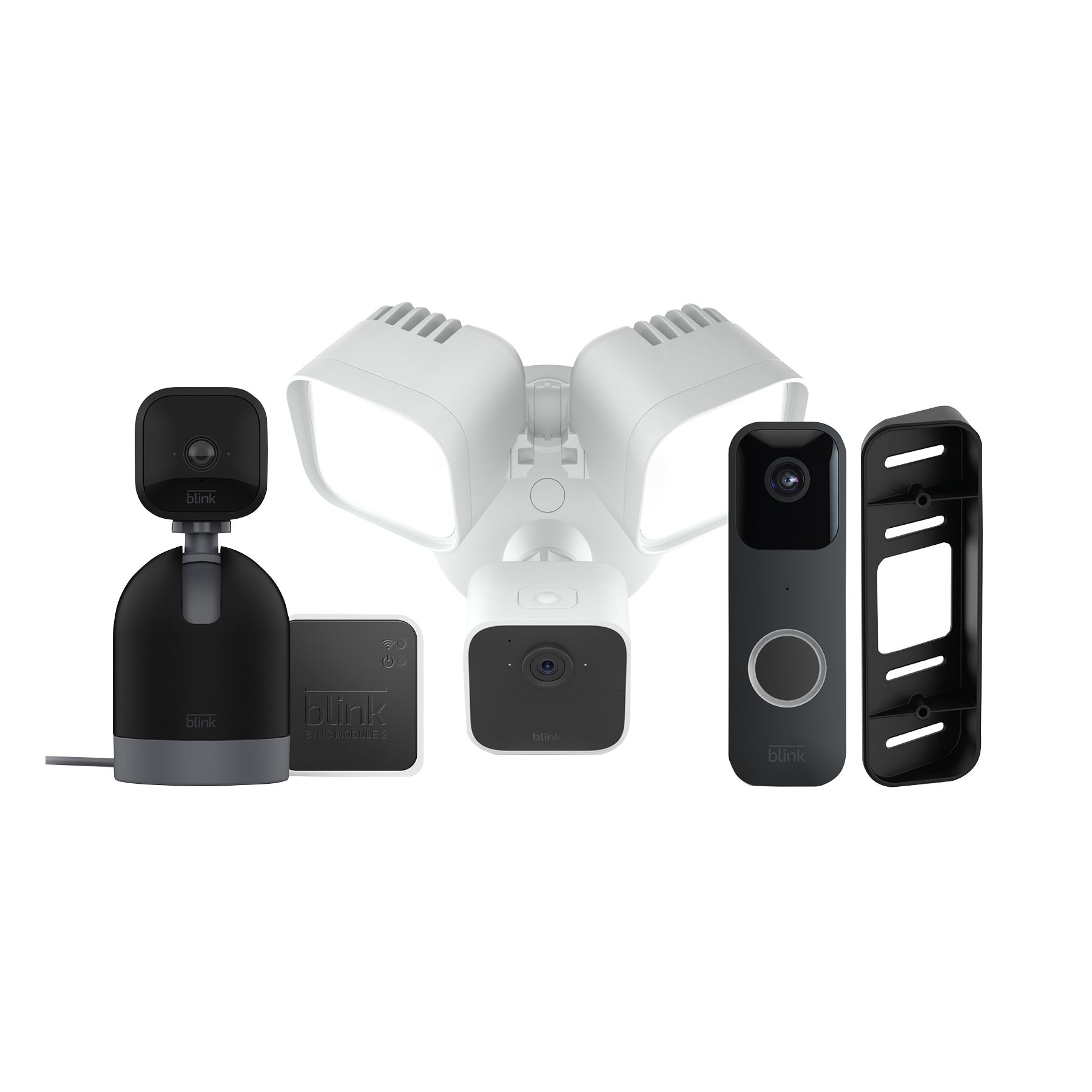  Blink Whole Home Bundle – Video Doorbell system (black),  Outdoor 4 camera (black), and Mini camera (white)