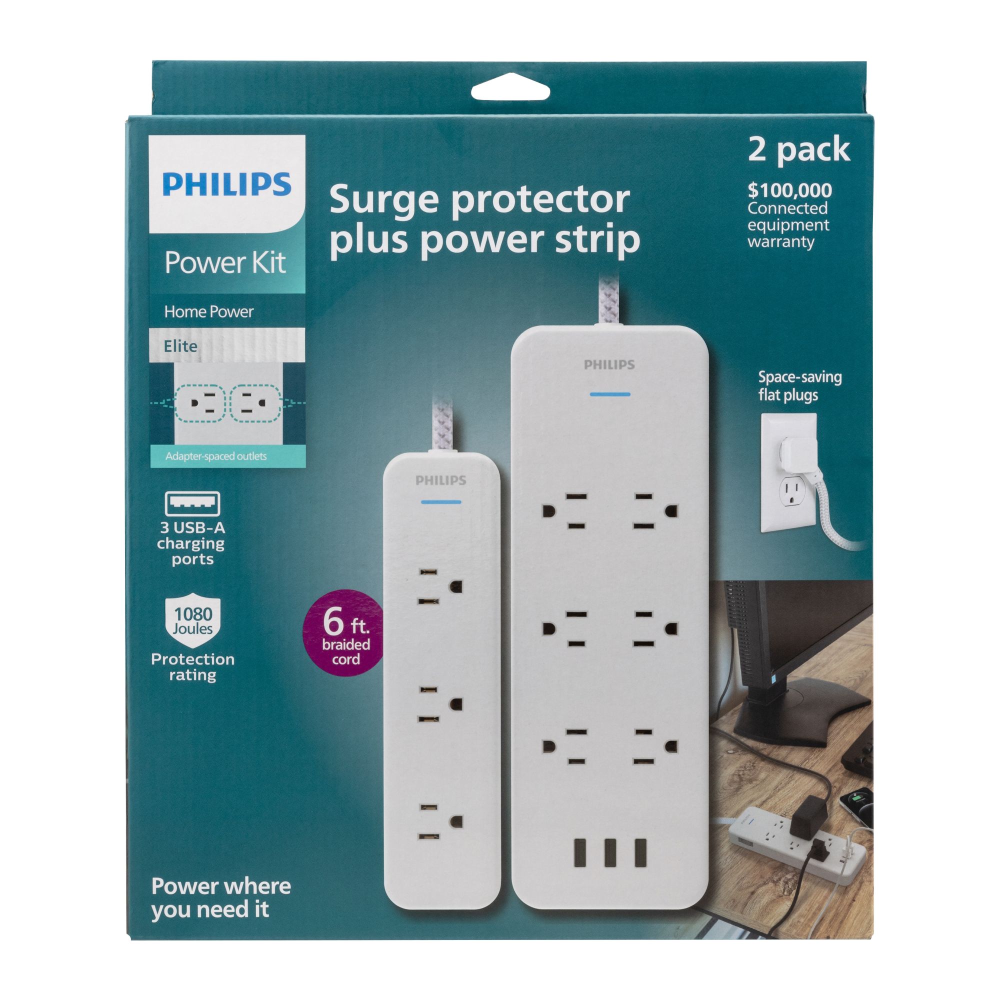 Philips 3-Outlet Surge Protector with 1 Ft. Extension Cord, Gray and White