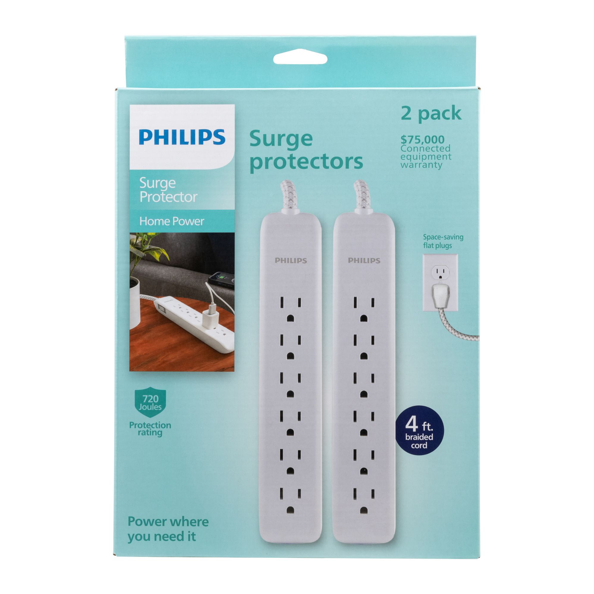 Philips 3-Outlet 4ft. WiFi Braided Extension Cord, White