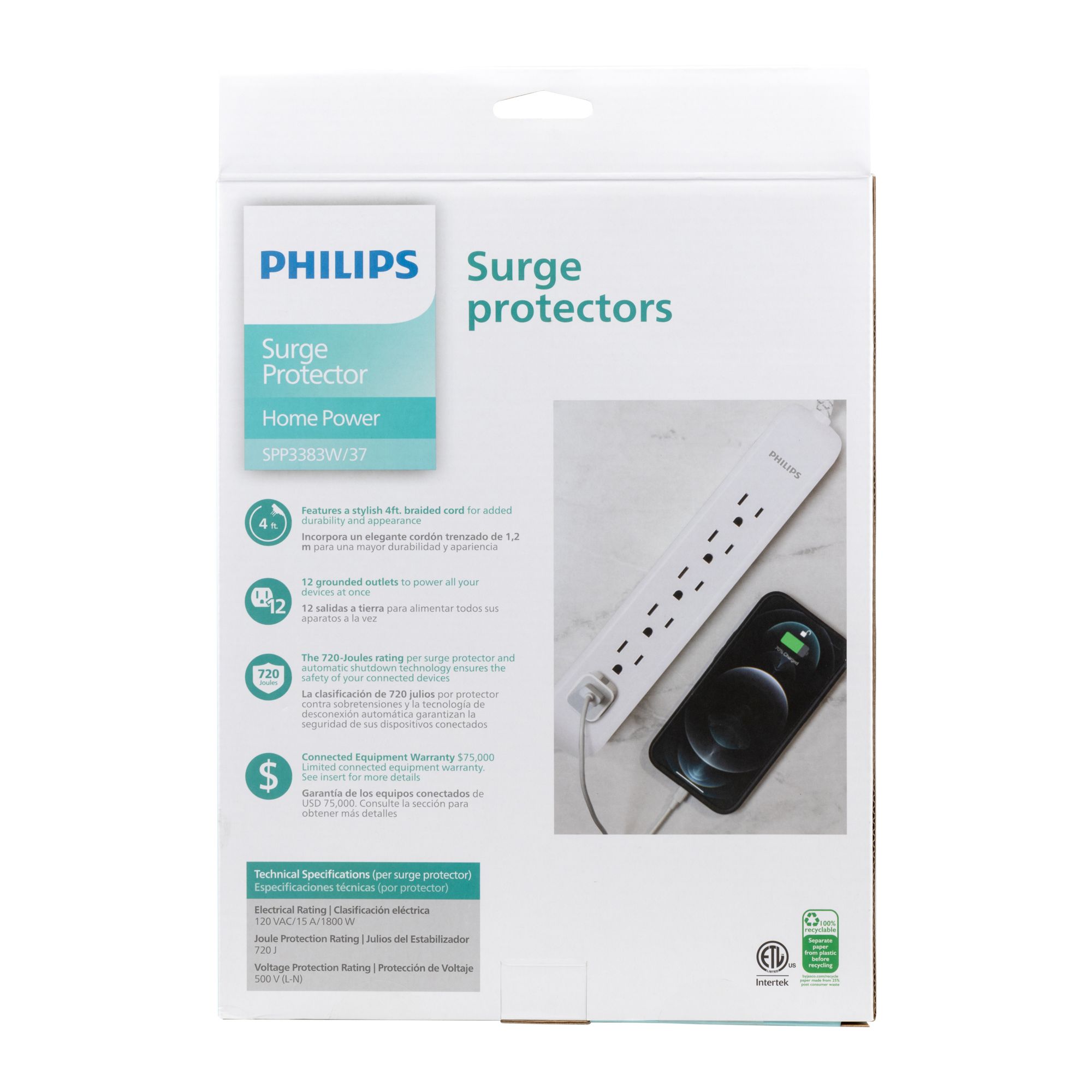 Philips 6-Outlet 4ft. WiFi Braided Extension Cord with Surge Protection