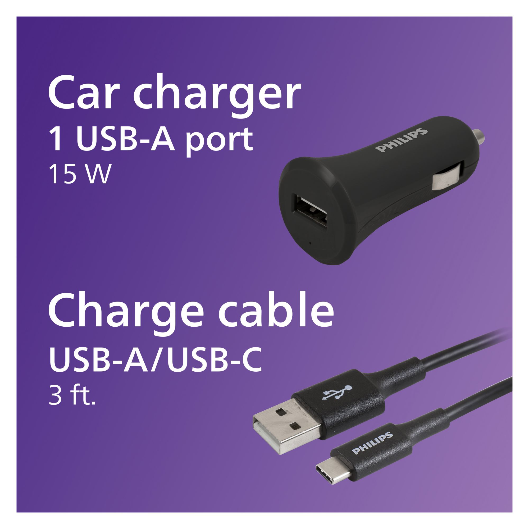 Philips 6' Cable, USB-A to USB-C 15W Charge - Black