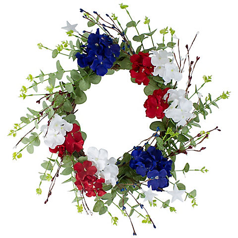Northlight Americana 20" Hydrangea and Eucalyptus Patriotic Artificial Wreath - Red, White and Blue