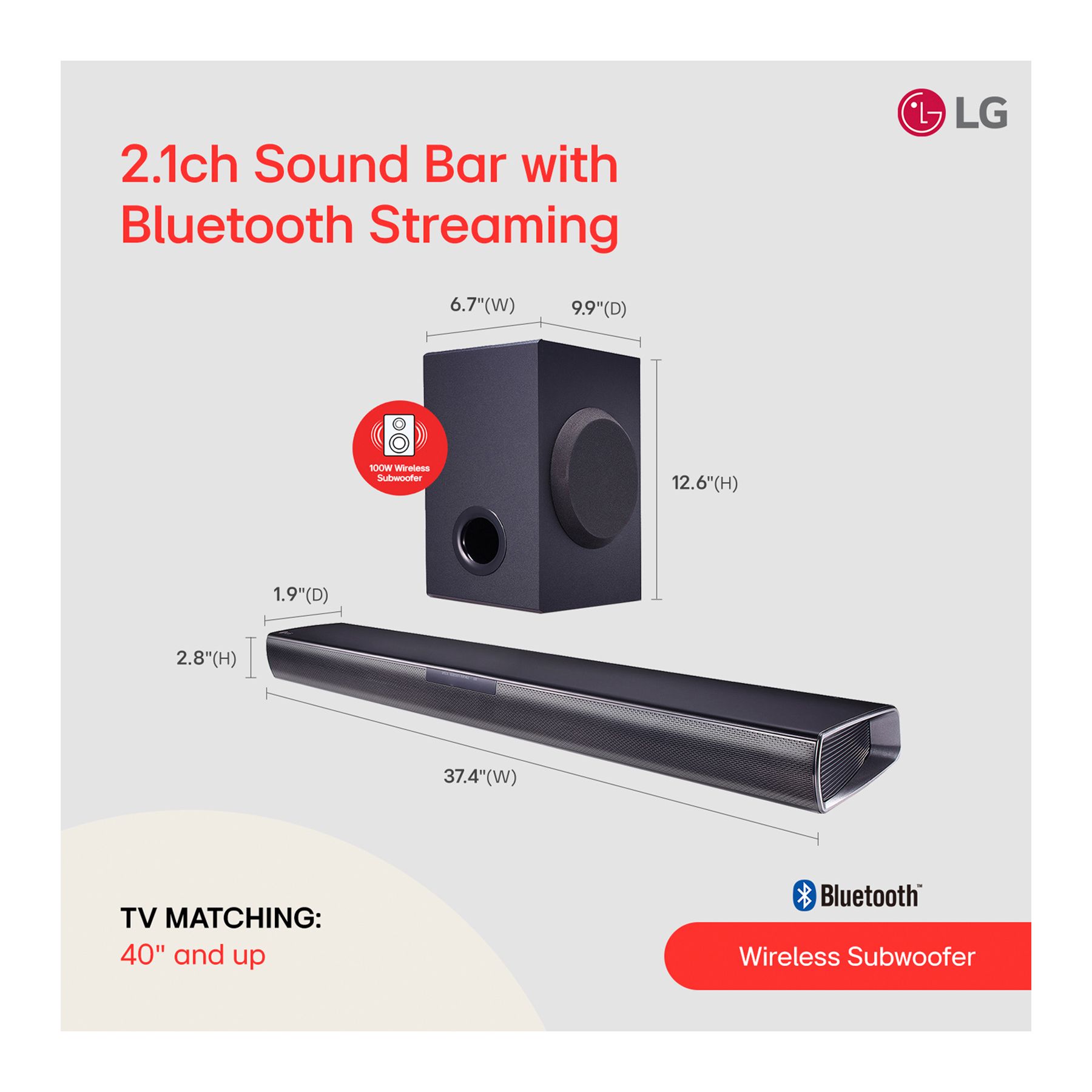 LG SQC1 2.1 Channel Soundbar with Wireless Subwoofer and Bluetooth Streaming