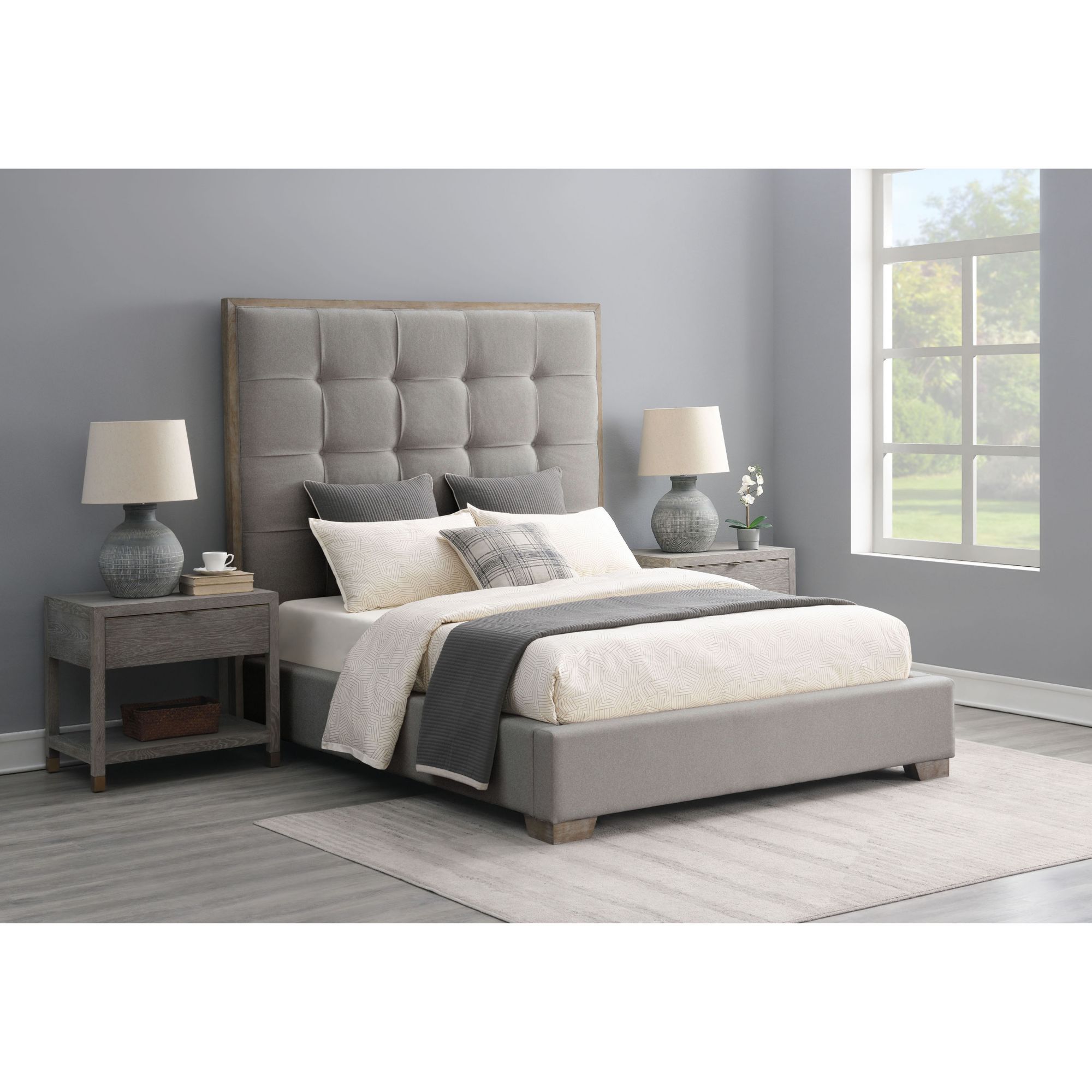 Gray upholstered store queen bed