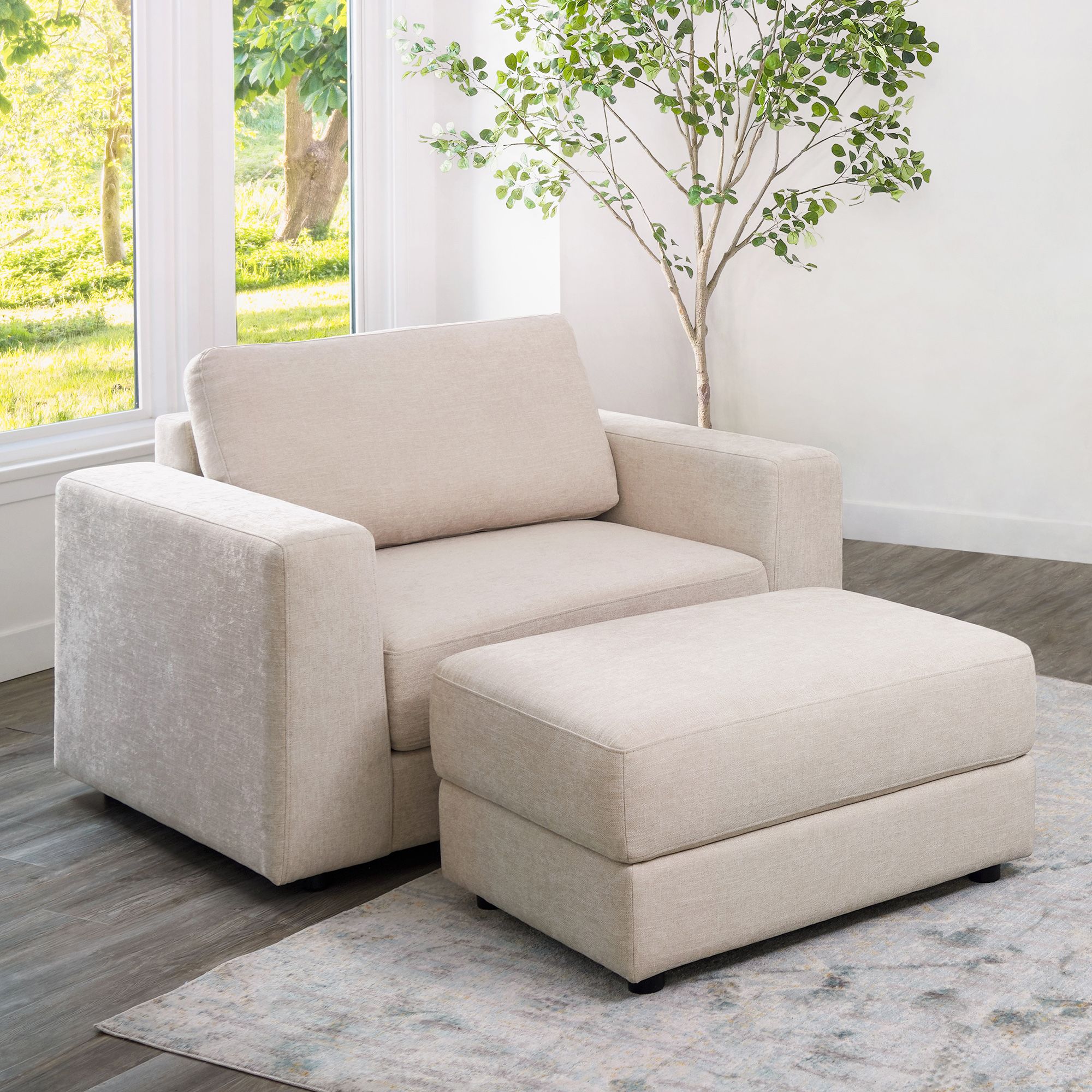 Abbyson Elizabeth Stain Resistant Fabric Oversized Armchair and Ottoman Set Sand