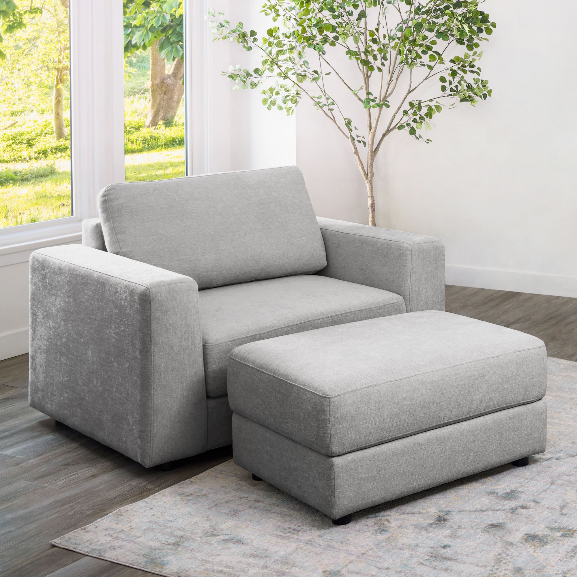 Abbyson Elizabeth Stain Resistant Fabric Oversized Armchair and Ottoman Set  - Light Gray