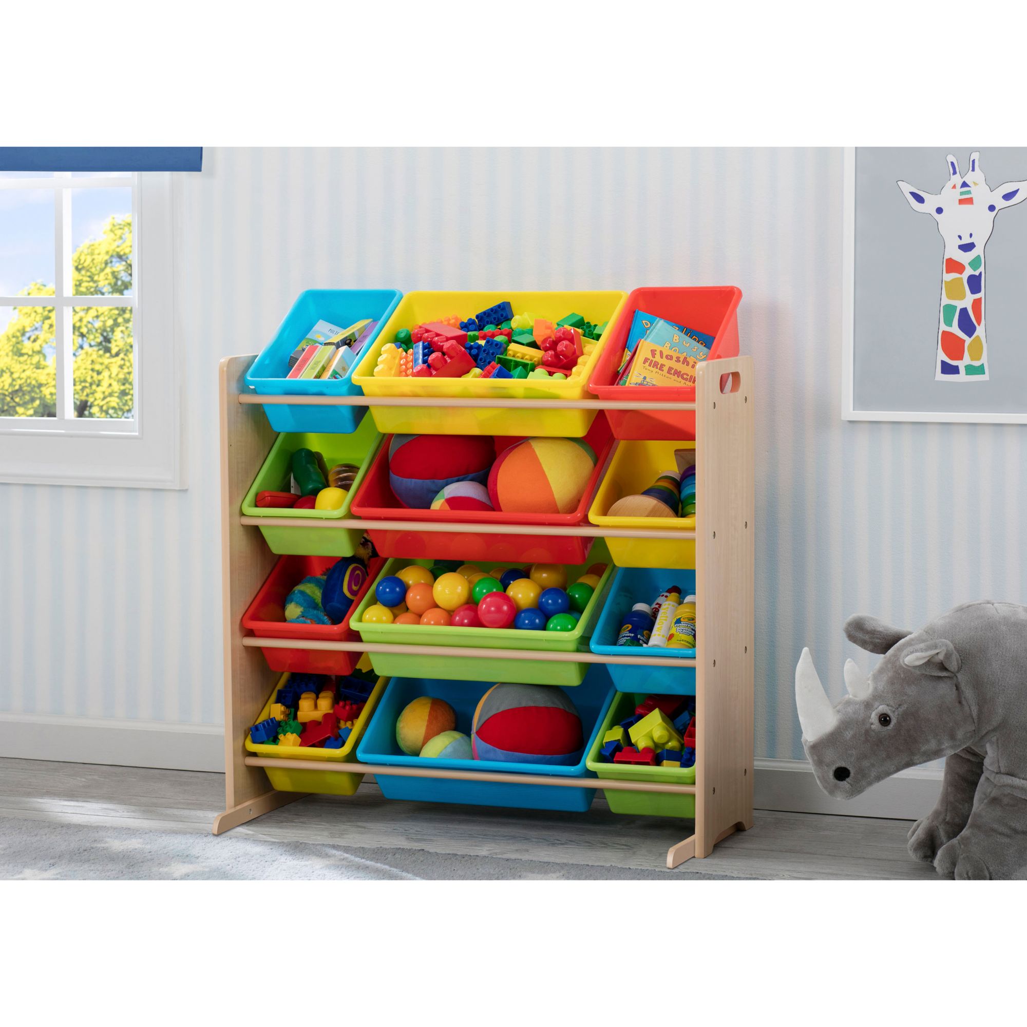 Kids storage shelf clearance with bins