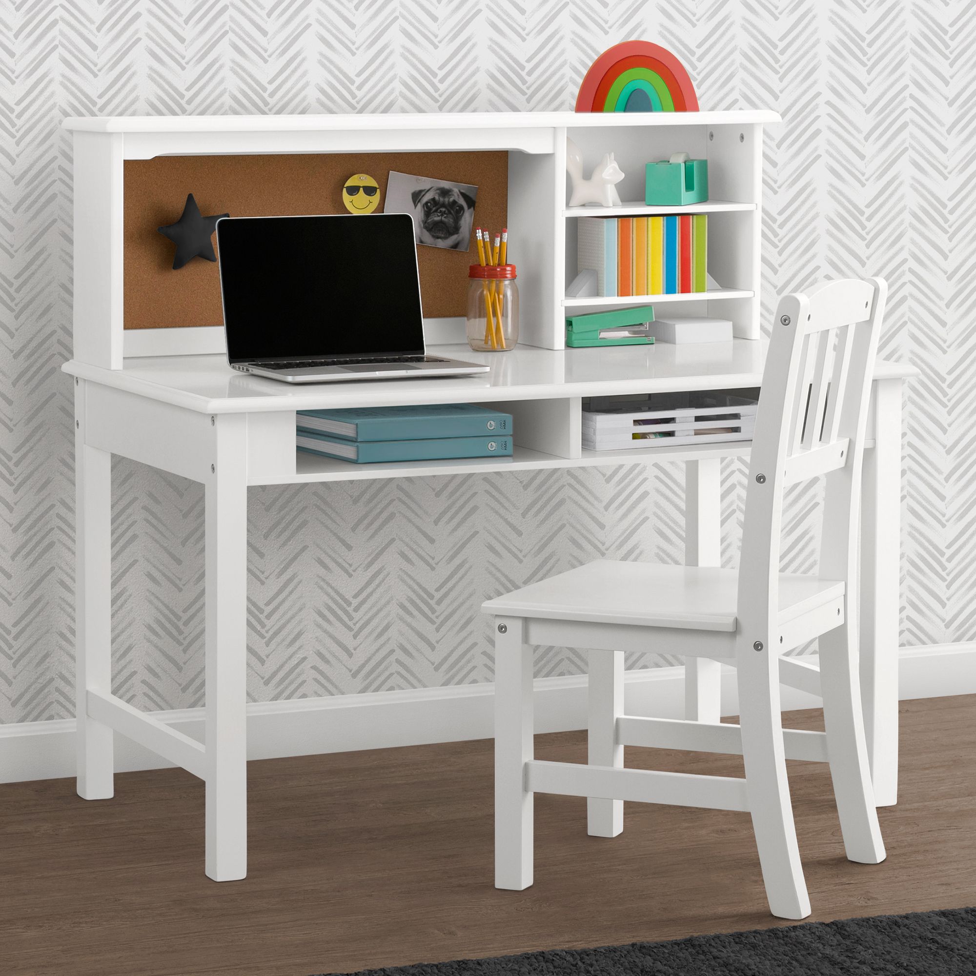 Delta Children Kids' Wood Desk with Hutch and Chair - White