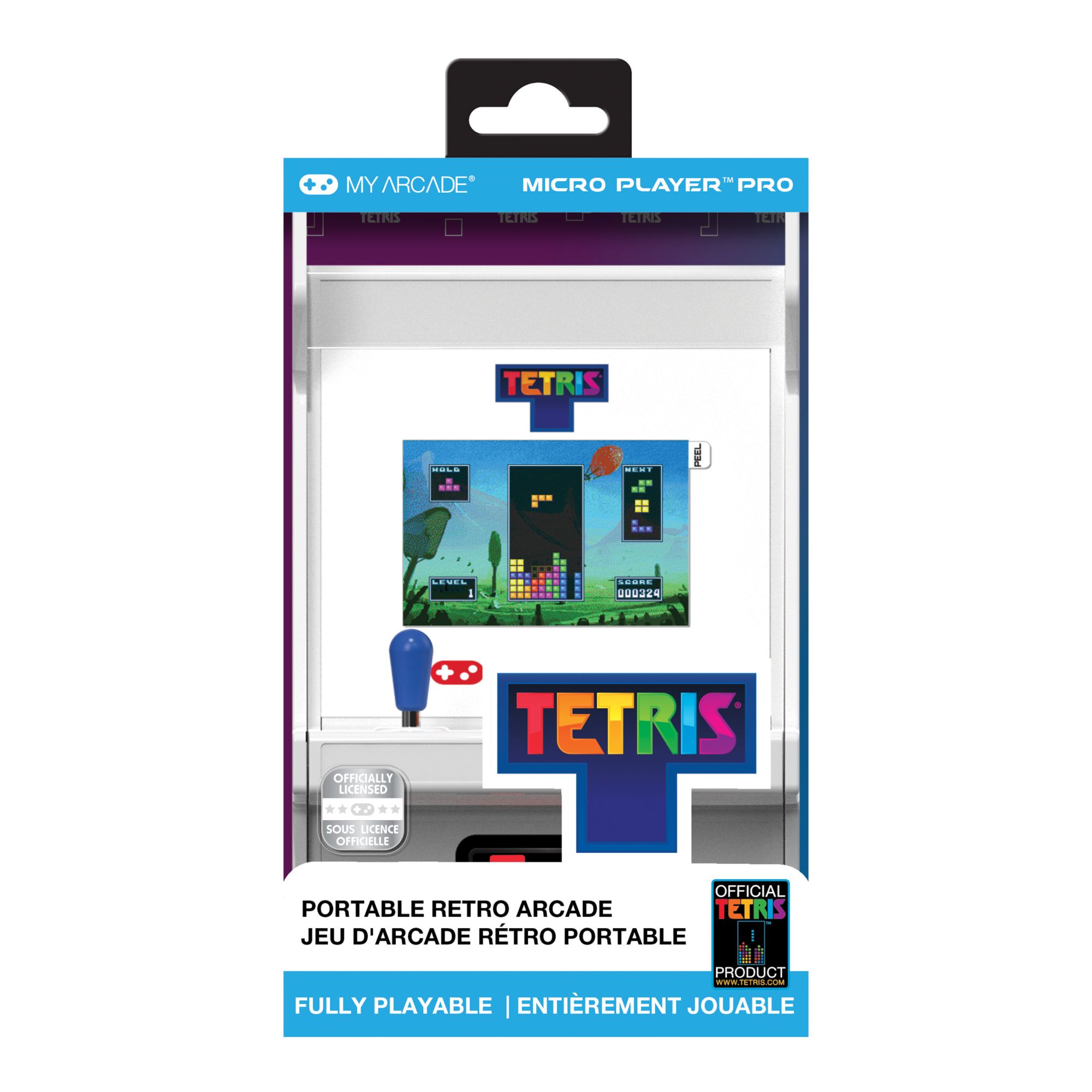 A screenshot of the game Tetris. Blocks fall from the top of the