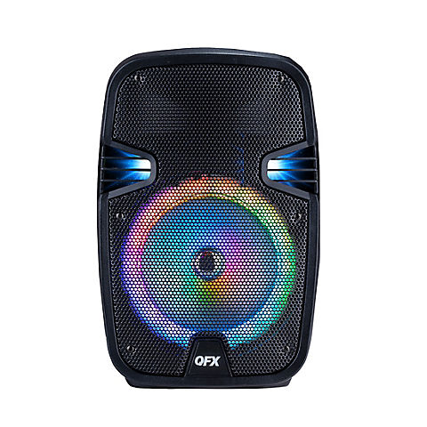QFX PBX-8074 8" Portable Bluetooth Party Speaker with Rechargeable Battery, LED Lights and Wired Microphone