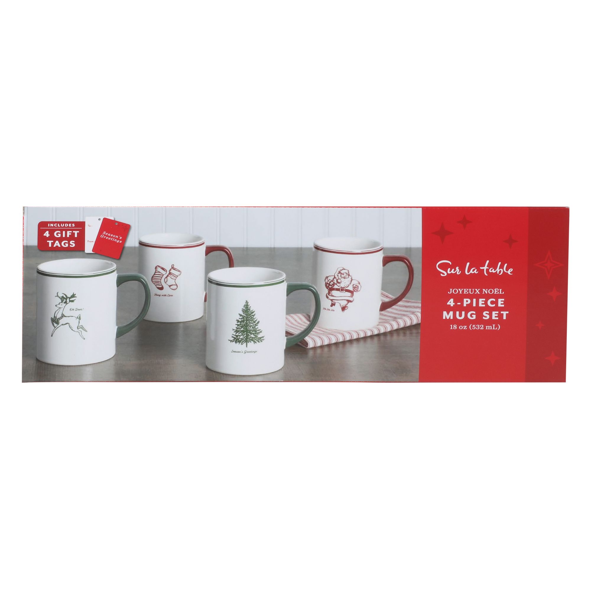 Sur La Table 18 oz. 4-Mug Holiday Stoneware Set - Assorted Holiday Designs