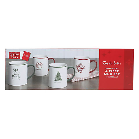 Sur La Table 18 oz. 4-Mug Holiday Stoneware Set - Assorted Holiday Designs