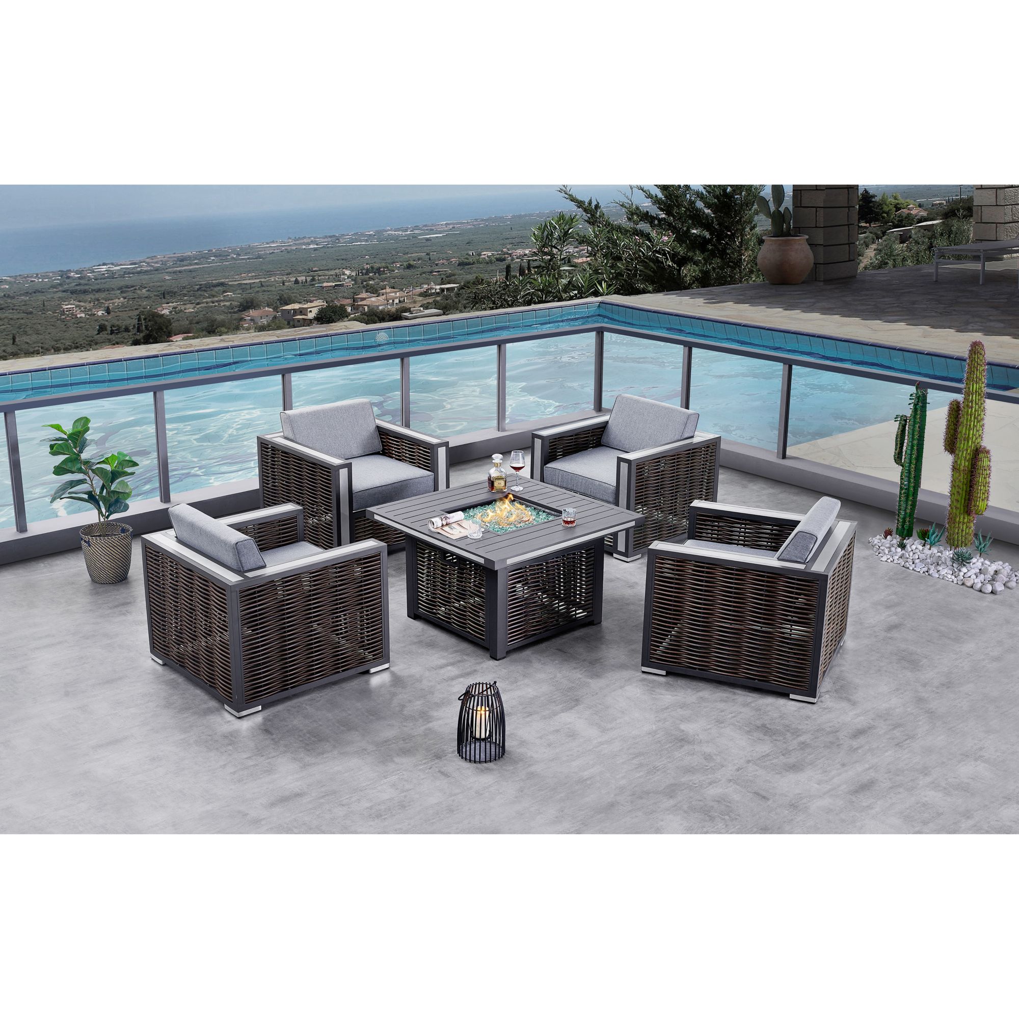 Wicker patio set online with fire pit table