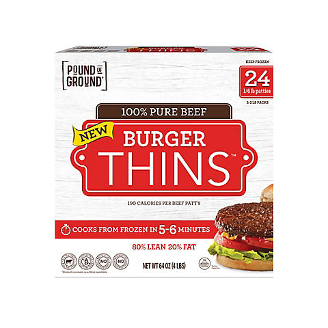 Pound of Ground Burger Thins Frozen Uncooked 100% Pure Beef Patties, 24 ct.