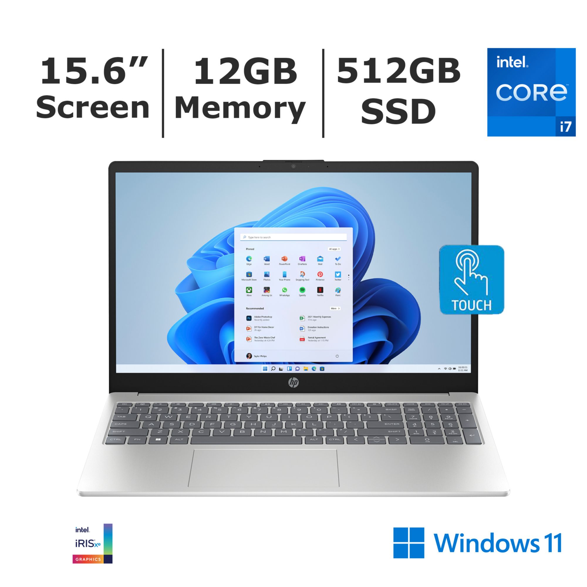 HP 15.6 inch Laptop PC, Processor: 13th Generation Intel® Core™ i7,  Graphics: Intel® Iris® Xe Graphicsc, 16 GB DDR4-3200 MHz RAM, 512GB SSD,  Windows