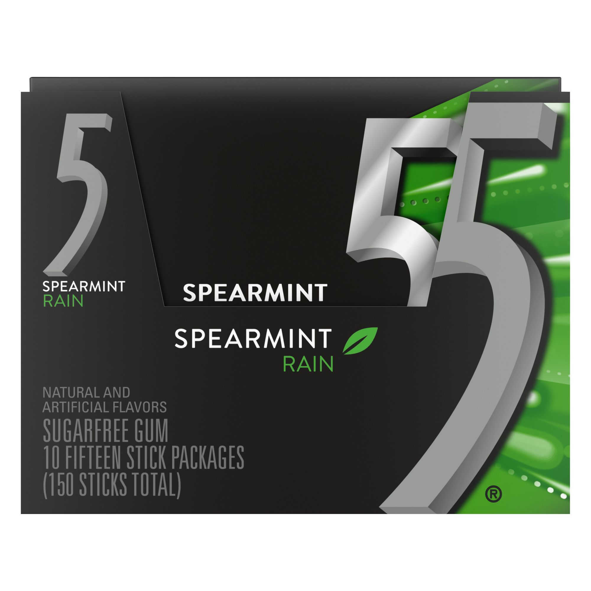 5 Gum Sugar Free Chewing Gum, Spearmint Rain, 15 Sticks, 10 ct