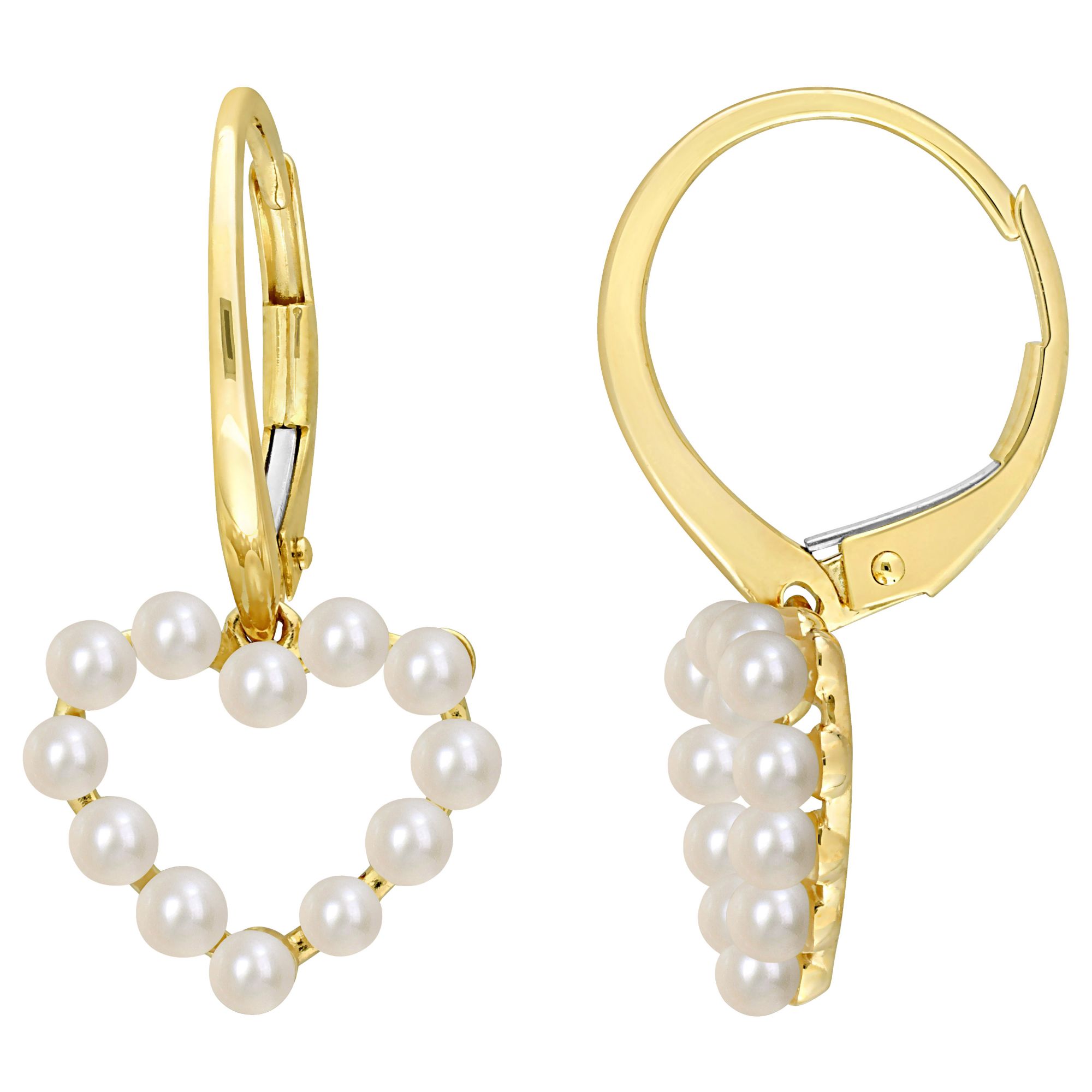 Cultured Freshwater Pearl Heart LeverBack Earrings in 14k Yellow