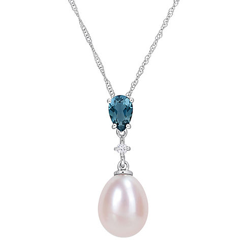 Pink Freshwater Cultured Pearl Blue Topaz and Diamond Accent Drop Necklace in 10k White Gold