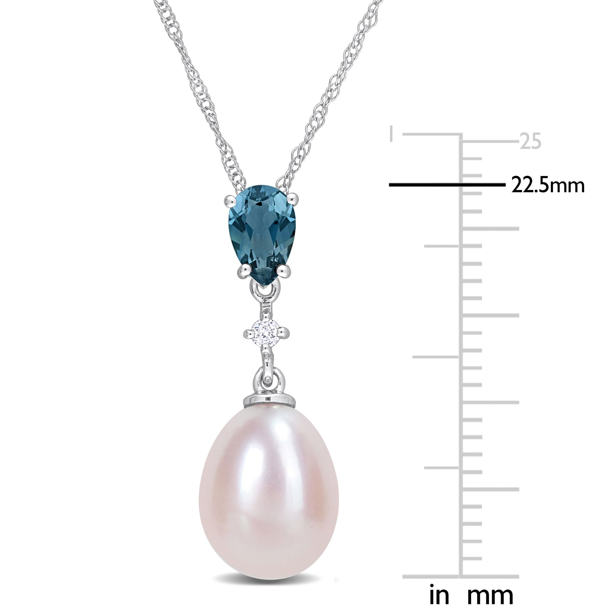 Pink Freshwater Cultured Pearl Blue Topaz and Diamond Accent Drop Necklace in 10k White Gold