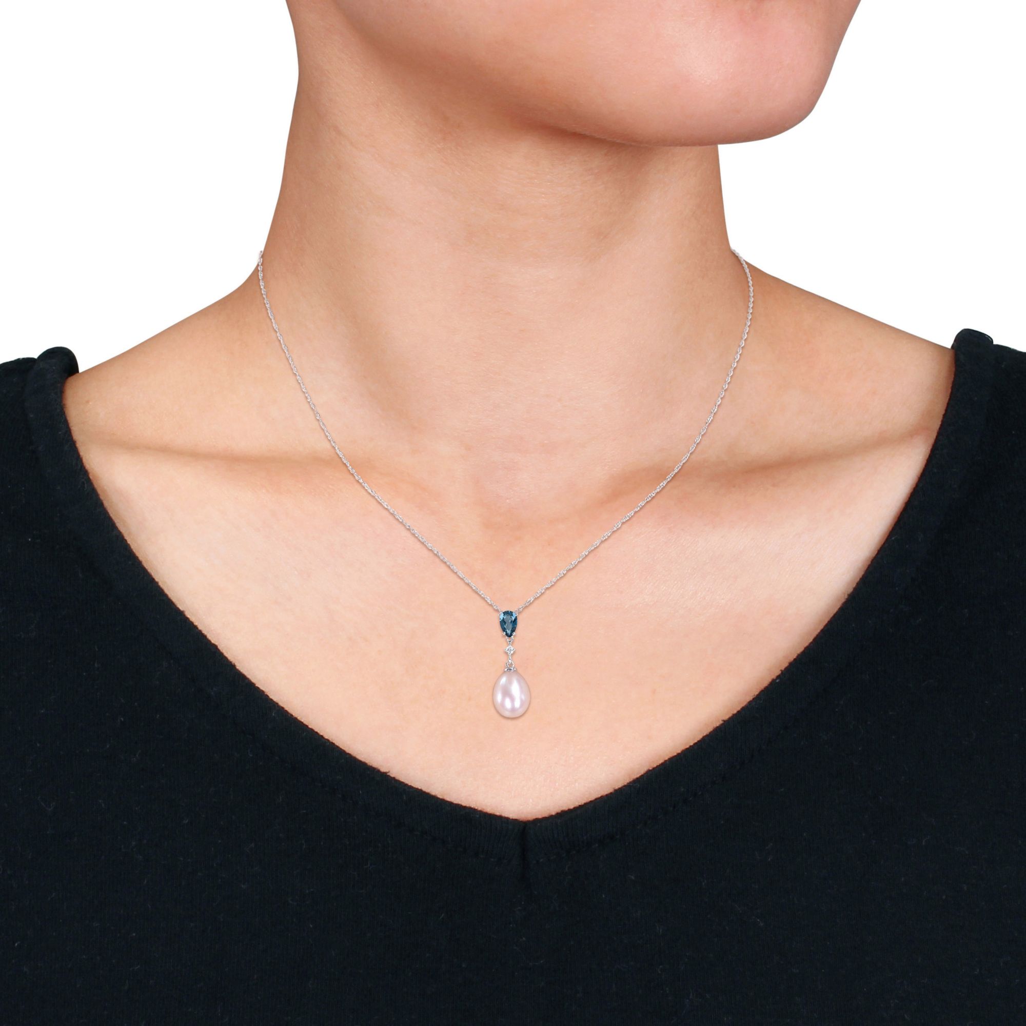 Pink Freshwater Cultured Pearl Blue Topaz and Diamond Accent Drop Necklace  in 10k White Gold