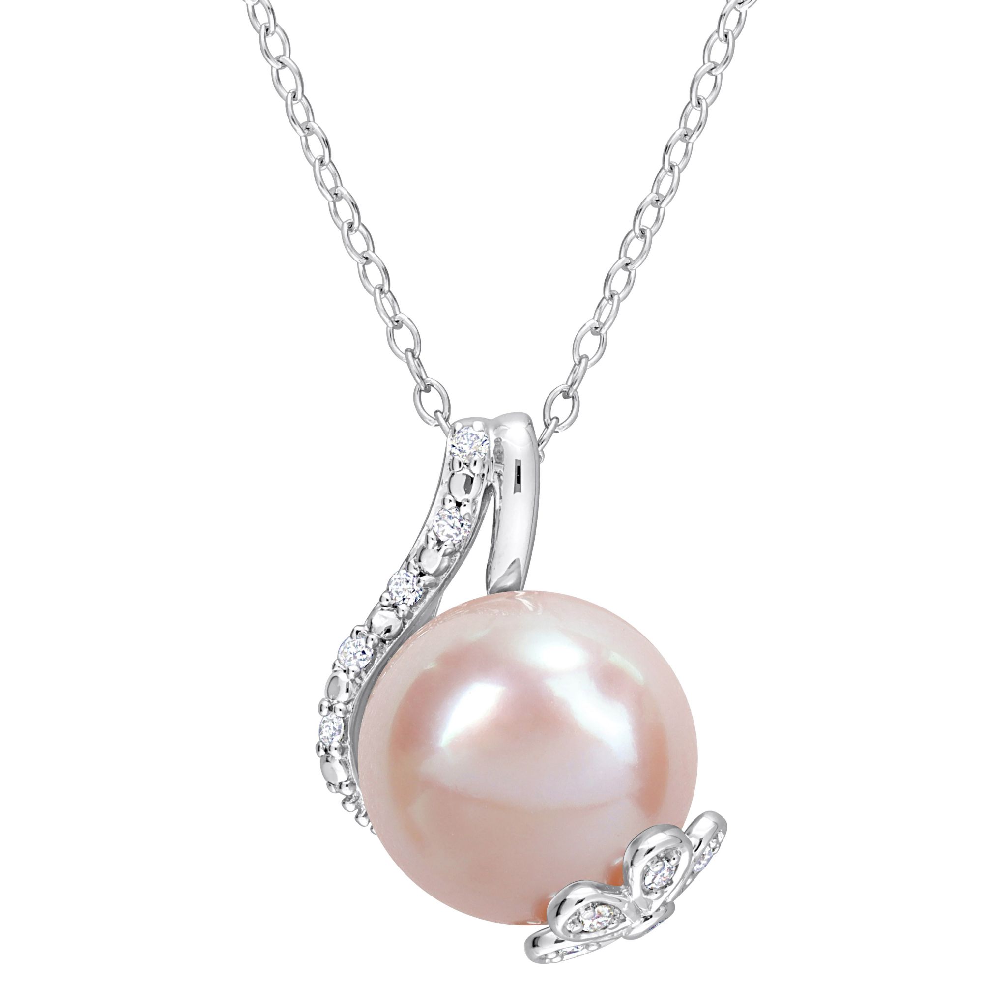 Pink Freshwater Cultured Pearl .10 ct. t.d.w. Diamond Floral Leaf Necklace  in Sterling Silver