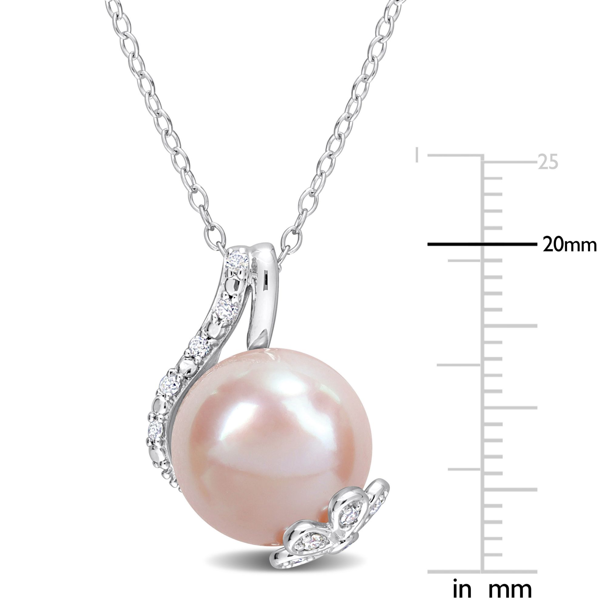 Pink Freshwater Cultured Pearl .10 ct. t.d.w. Diamond Floral Leaf Necklace  in Sterling Silver