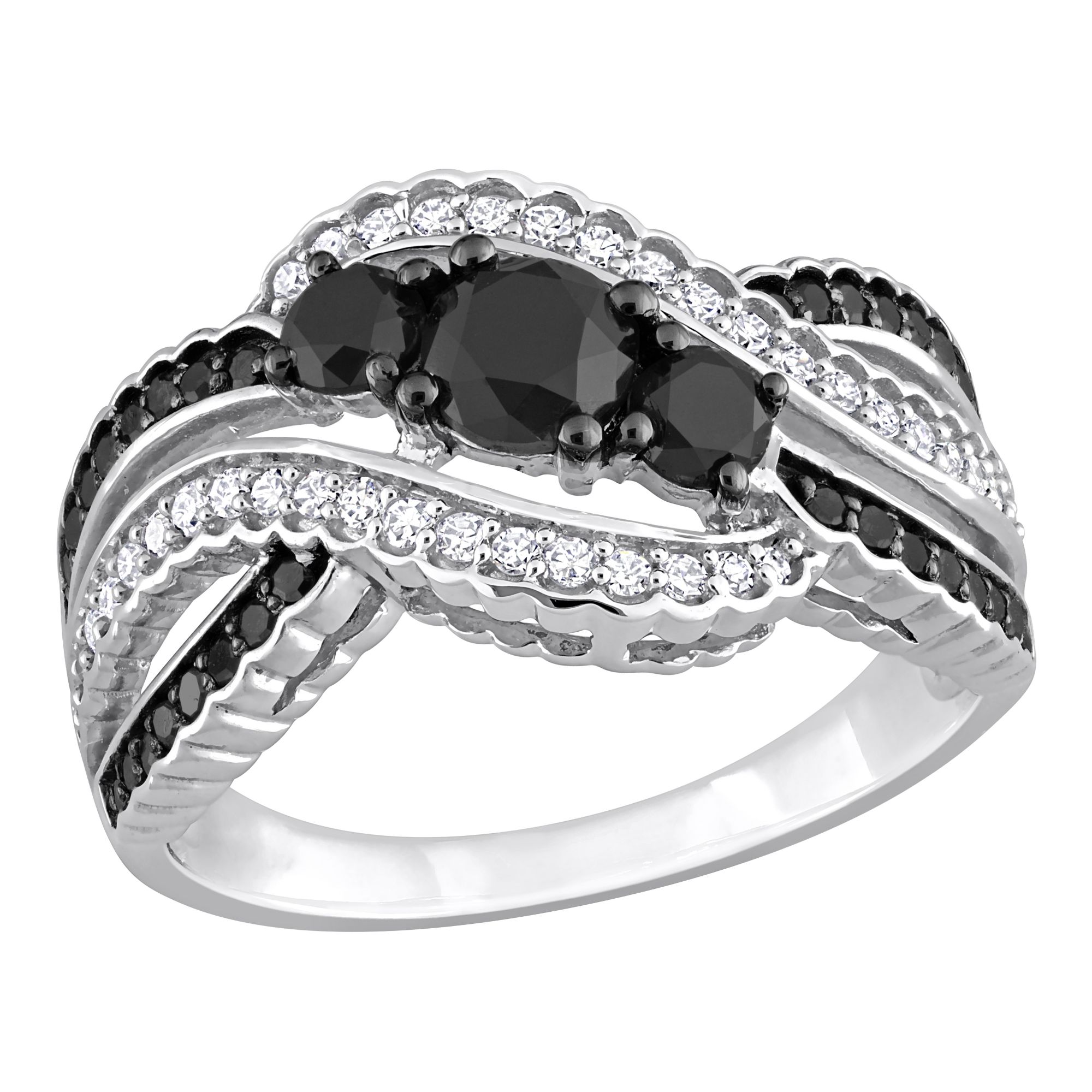 1.2 ct. t.w. Black and White Diamond 3-Stone Crisscross Ring in 10k White  Gold with Black Rhodium Plating