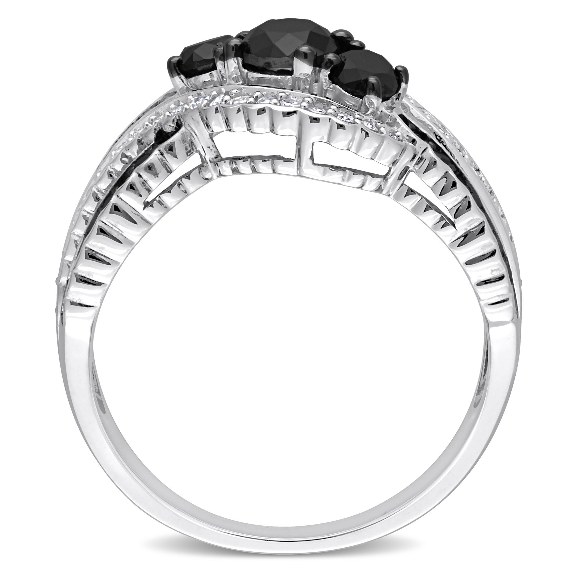 1.2 ct. t.w. Black and White Diamond 3-Stone Crisscross Ring in 10k White  Gold with Black Rhodium Plating