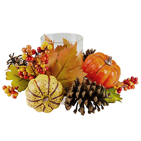Northlight 10" Pumpkin, Berry and Pine Cone Fall Harvest Tealight Candle Holder